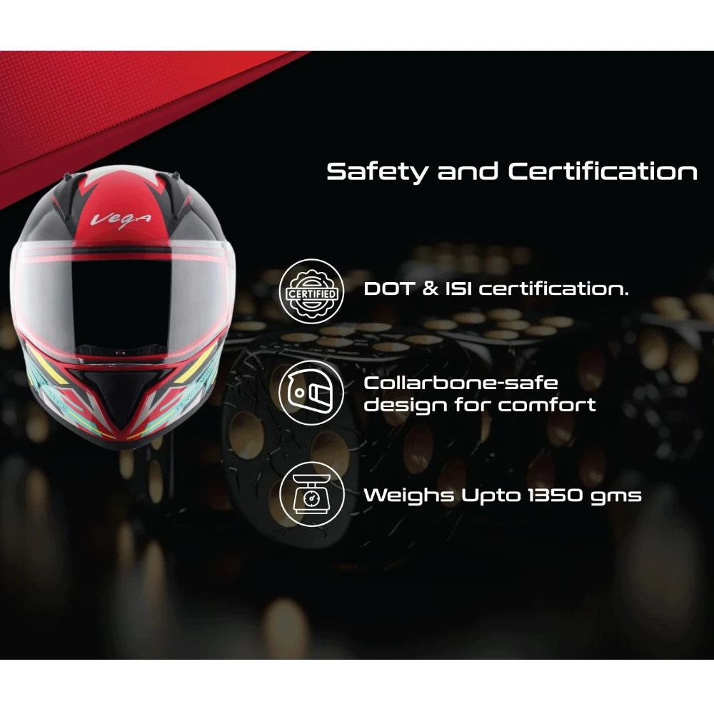 Vega Bolt Dice ISI and DOT Certified Gloss Finish Full Face Helmet for Men with Clear Visor- Red Black, L