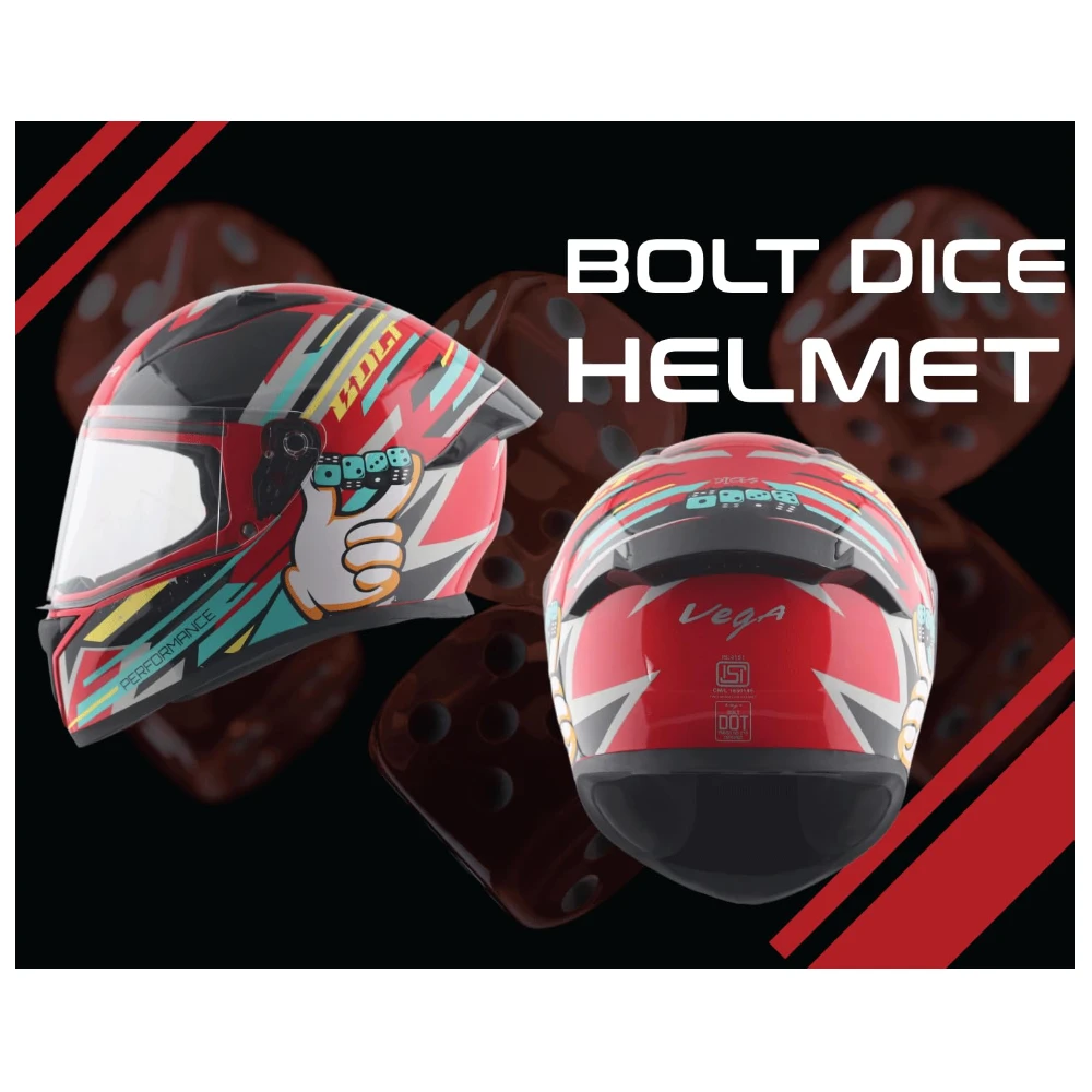 Vega Bolt Dice ISI and DOT Certified Gloss Finish Full Face Helmet for Men with Clear Visor- Red Black, M