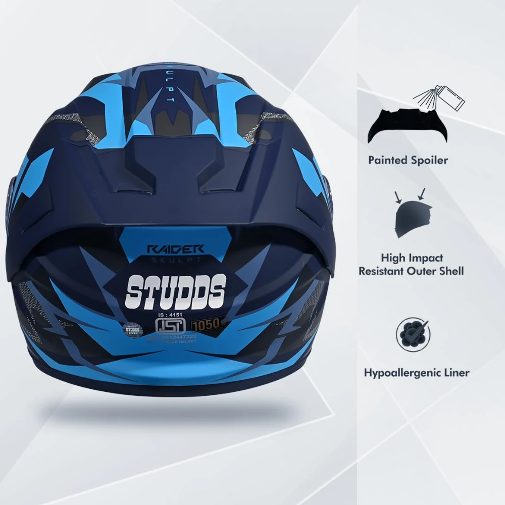 STUDDS Raider Skulpt ISI Certified Full Face Helmet for Men and Women with Spoilor and Clear Visor