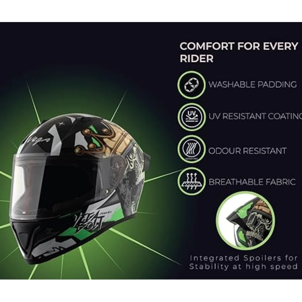 Vega Bolt Crown Men ISI and DOT Certified Glossy Finish Full Face Helmet for Men with Clear Visor- Black Neon Green, Size: L(59-60 cm)