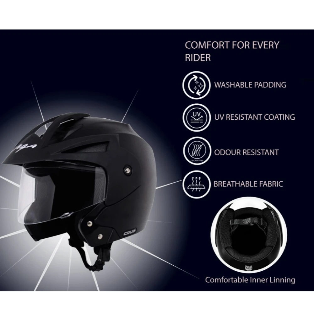 Vega Crux ISI Certified Flip-Up Helmet for Men and Women with Clear Visor(Black, Size:L)