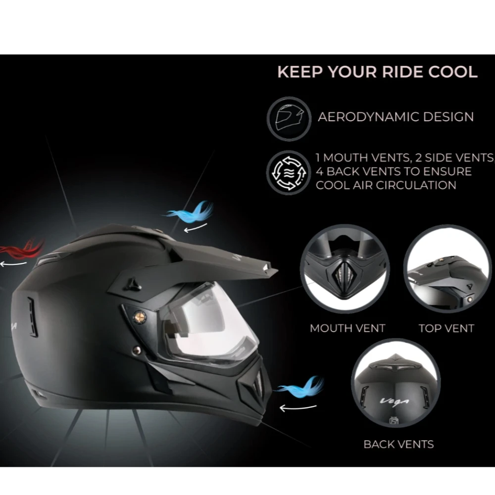 Vega Off Road ISI Certified Matt Finish Full Face Dual Visor with Peak Helmet for Men and Women Outer Clear Visor and Inner Smoke Sun Visor(Dull Black, Size:L)