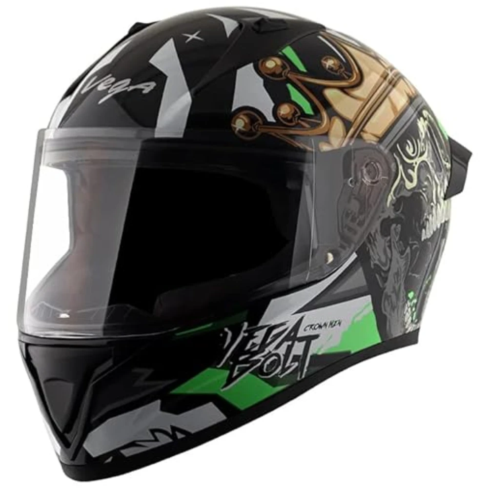 Vega Bolt Crown Men ISI and DOT Certified Glossy Finish Full Face Helmet for Men with Clear Visor- Black Neon Green, Size: L(59-60 cm)