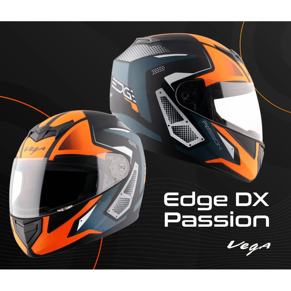 Vega Edge Passion ISI Certified Matte Finish Full Face Helmet for Men with Clear Visor -Dull Black Orange-L