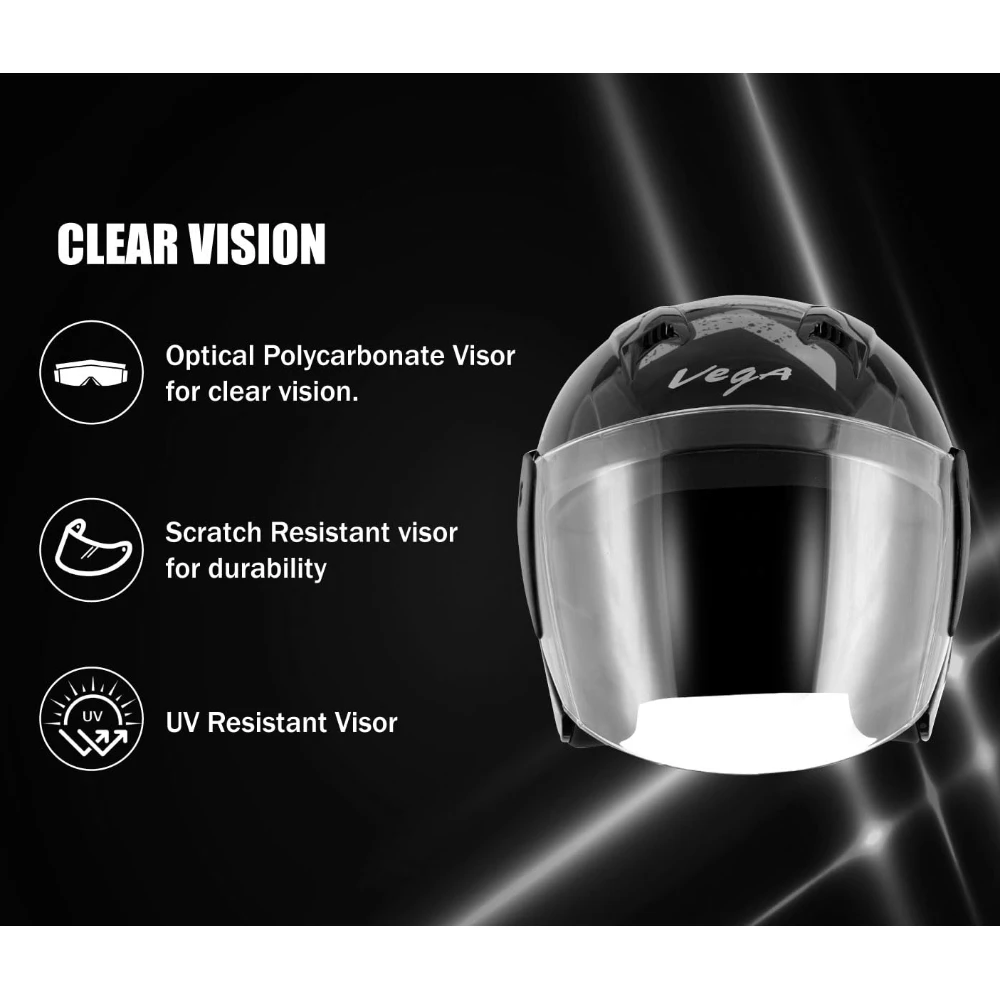 Vega Lark Victor ISI Certified Matt Finish Lightweight Open Face Helmet for Men and Women with Long Clear Visor(Dull Black Silver, Size:L)