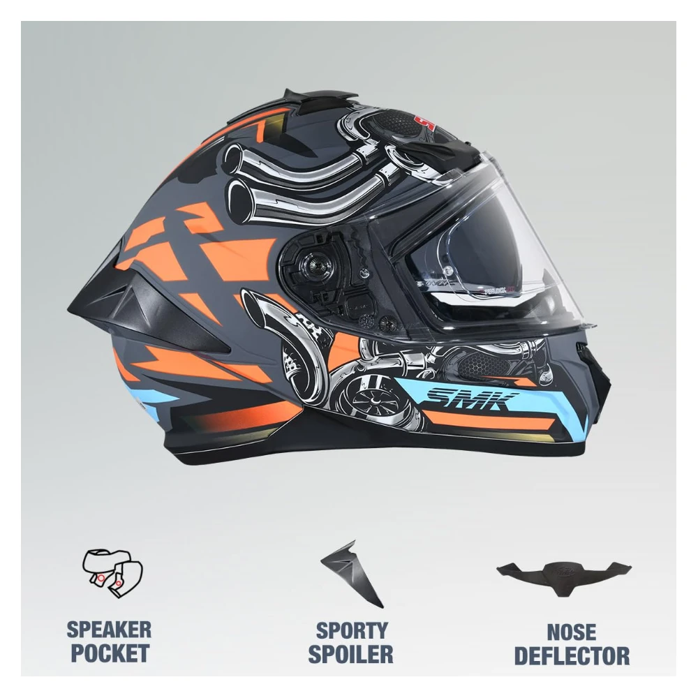 SMK Typhoon Motorhead ISI ECE & DOT Certified Full Face Dual Visor Helmet for Men and Women with Pinlock Fitted Clear Visor and Inner Sun Visor ( Grey - XS )