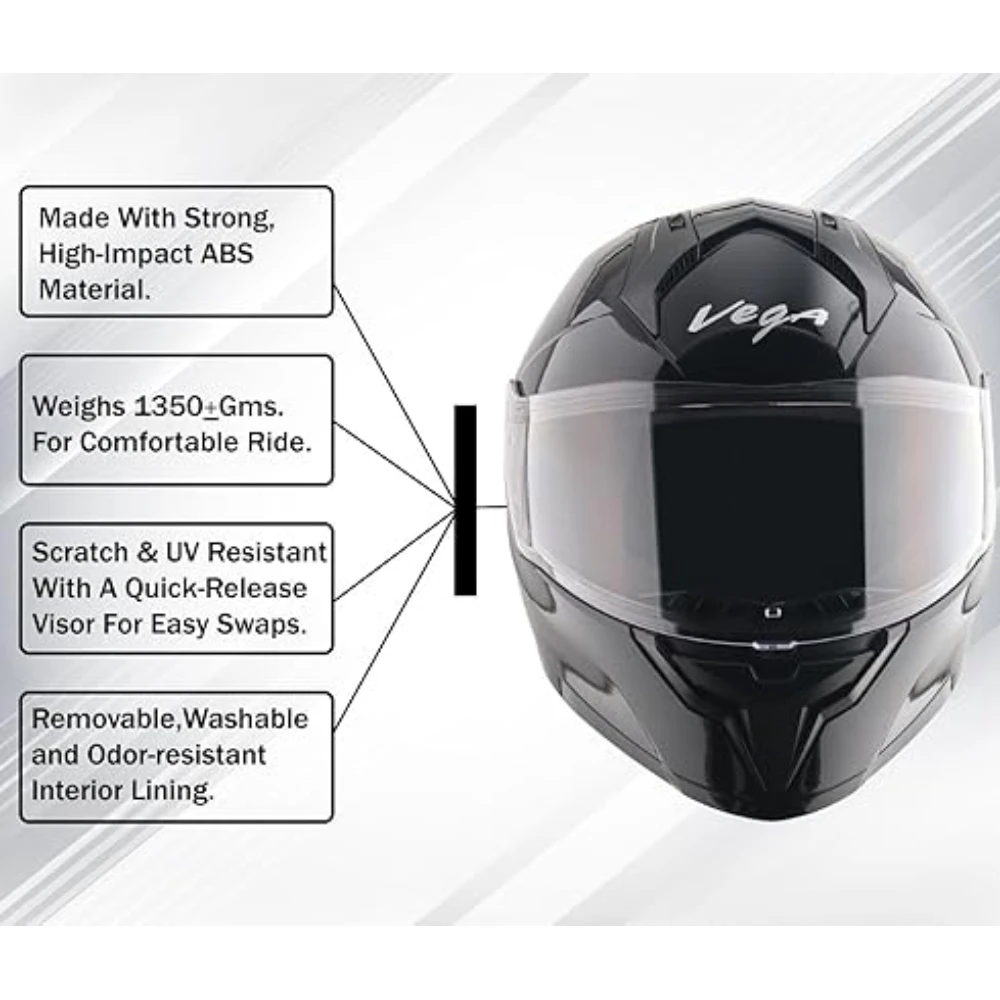 Vega Sonic Solid ISI Certified Gloss Finish Full Face Helmet for Men with Clear Visor and Spoiler-Black-M