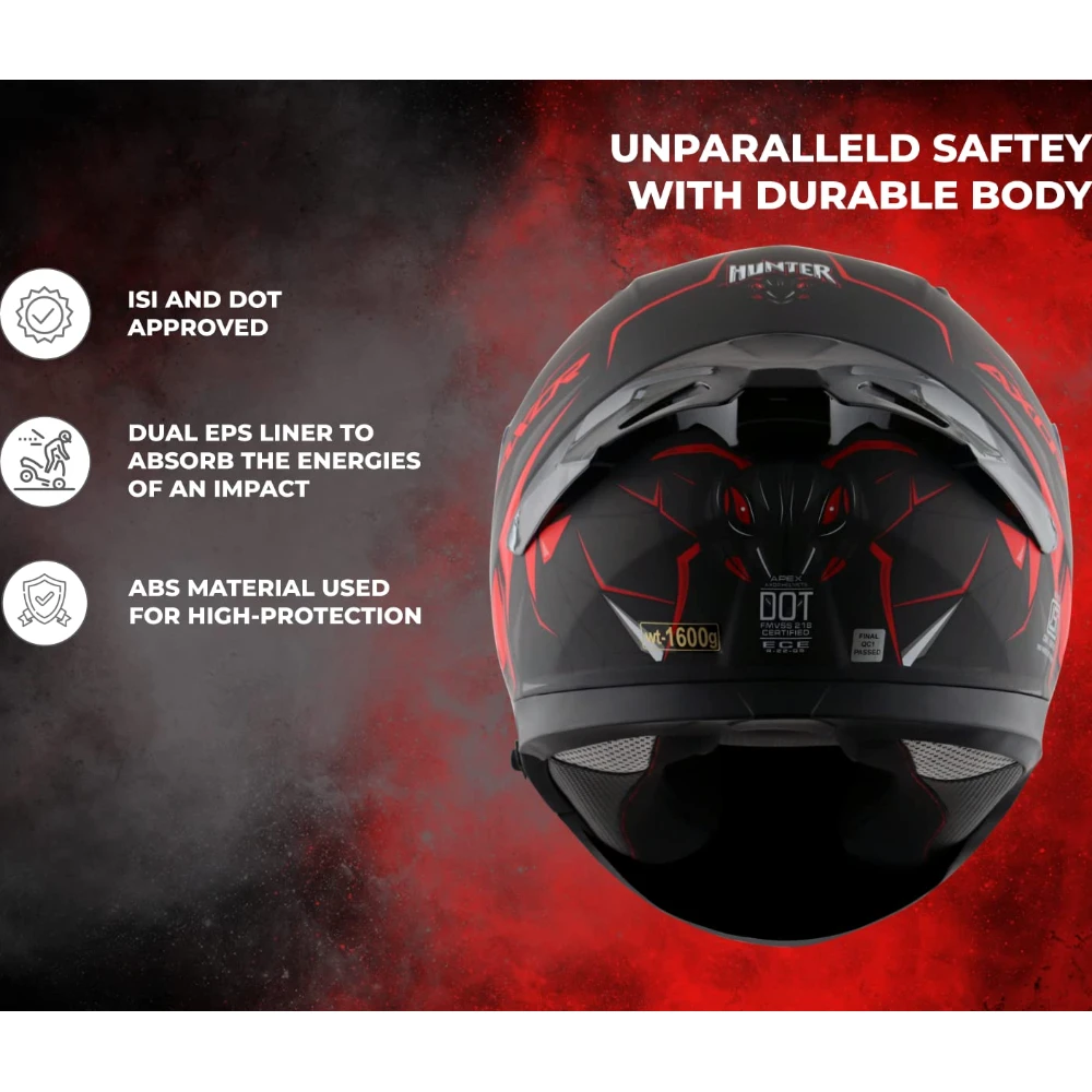 Axor Apex Hunter ISI ECE DOT Certified Full Face Dual Visor Helmet For Men And Women With Pinlock Fitted Outer Clear Visor And Inner Smoke Sun Visor Dull Black Red Helmet-M