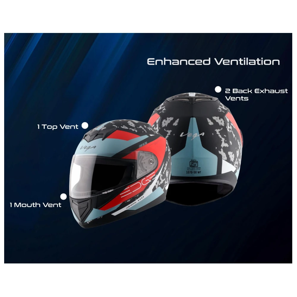Vega Edge US Army ISI Certified Matte Finish Full Face Helmet for Men with Clear Visor -Dull Black Red-L