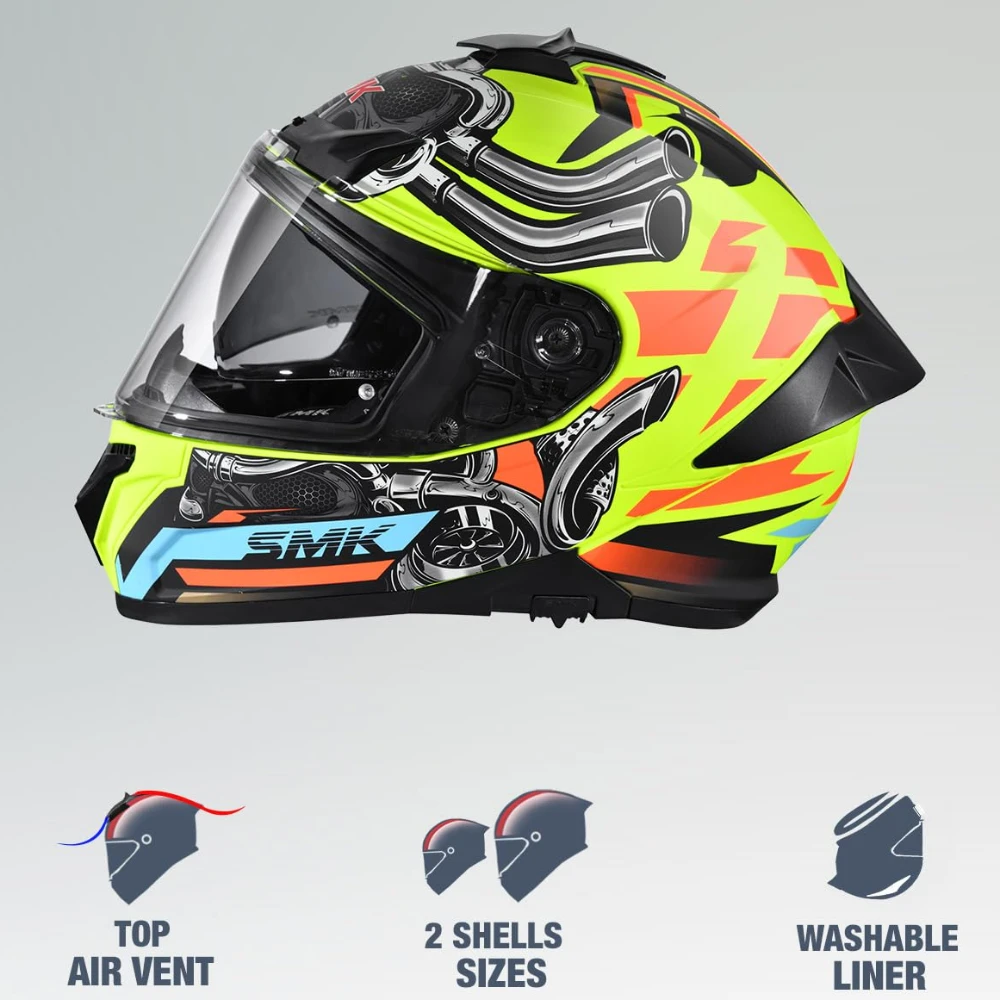 SMK Typhoon Motorhead ISI ECE & DOT Certified Full Face Dual Visor Helmet for Men and Women with Pinlock Fitted Clear Visor and Inner Sun Visor ( Yellow - XL )