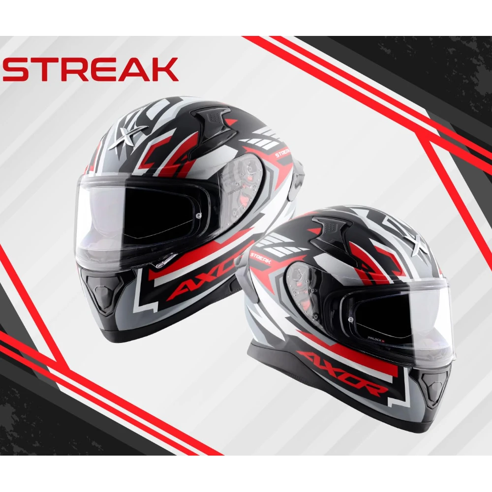Axor Apex Streak ISI ECE and DOT Certified Gloss Finish Full Face Helmet for Men with Pinlock Fitted Outer Clear and Inner Sun Smoke Visor- Black Red Helmet-L
