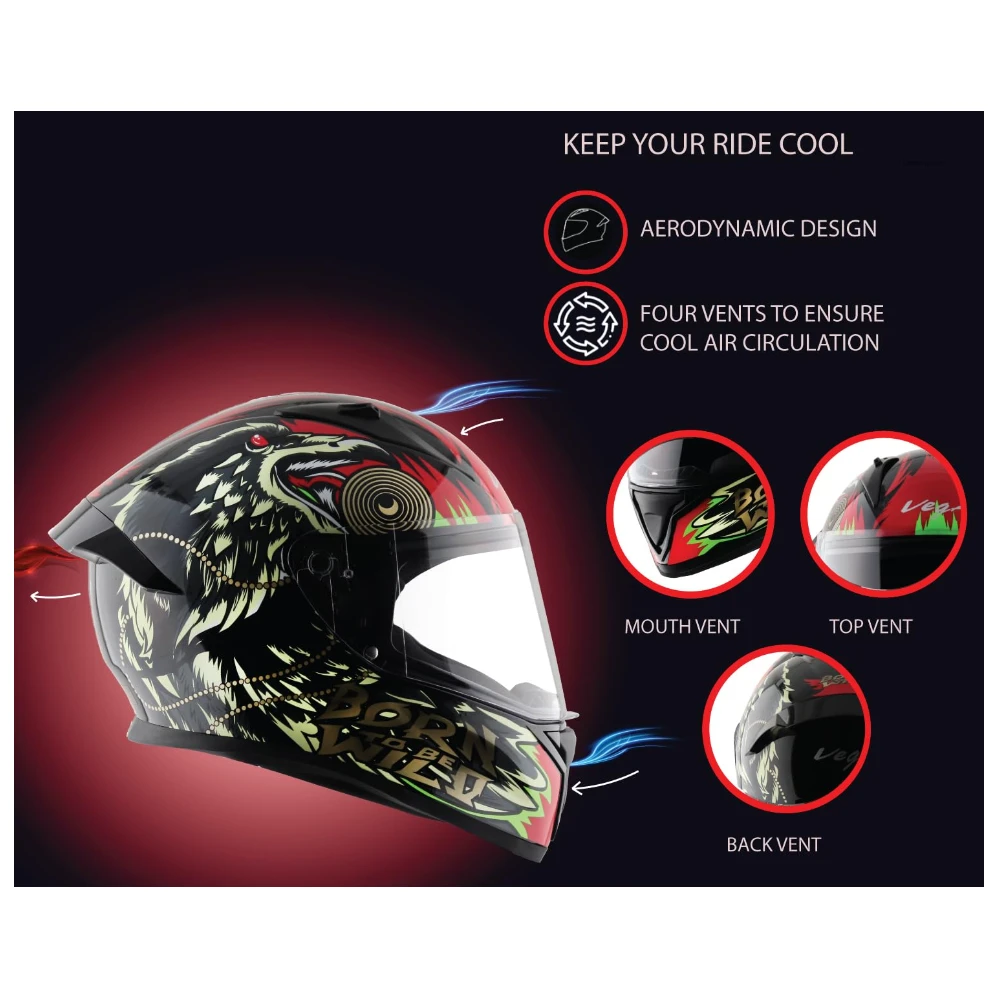 VEGA Bolt Wild ISI and DOT Certified Gloss Finish Full Face Helmet for Men with Clear Visor- Black Green-M