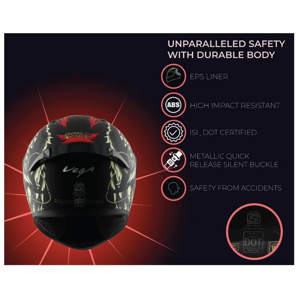 VEGA Bolt Wild ISI and DOT Certified Matte Finish Full Face Helmet for Men with Clear Visor- Dull Black Green-M