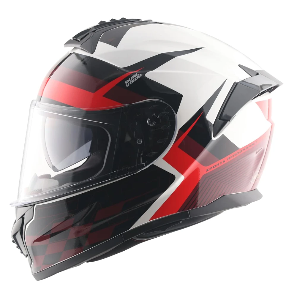 Vega Zap DV Alliance ISI and DOT Certified Gloss Finish Full Face Dual Visor Helmet for Men with Spoiler-White Red-M