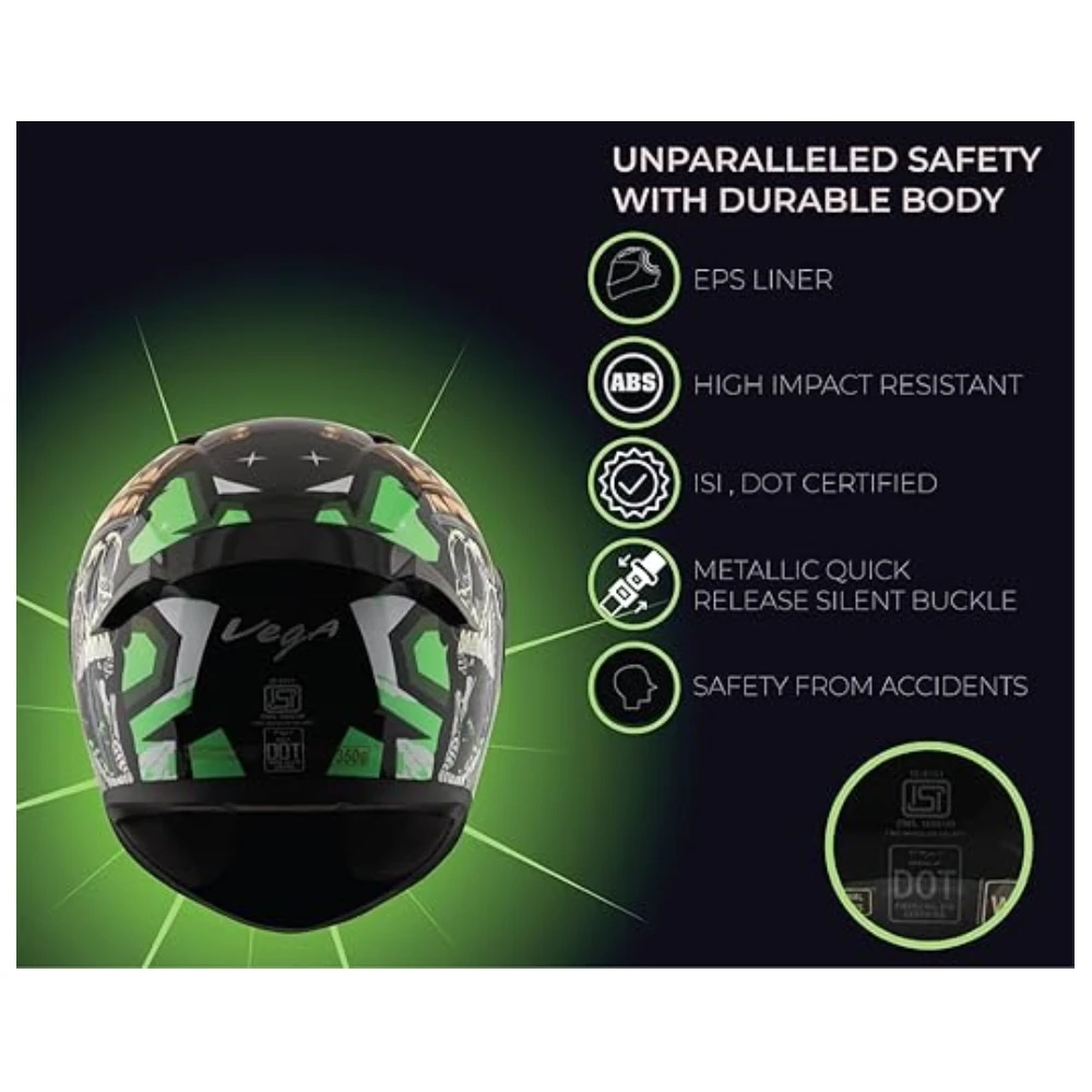 Vega Bolt Crown Men ISI and DOT Certified Glossy Finish Full Face Helmet for Men with Clear Visor- Black Neon Green, Size: L(59-60 cm)