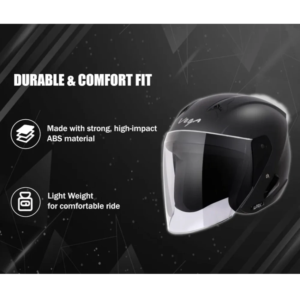 Vega Lark ISI Certified Matt Finish Lightweight Open Face Helmet for Men and Women with Long Clear Visor(Dull Black, Size:L)