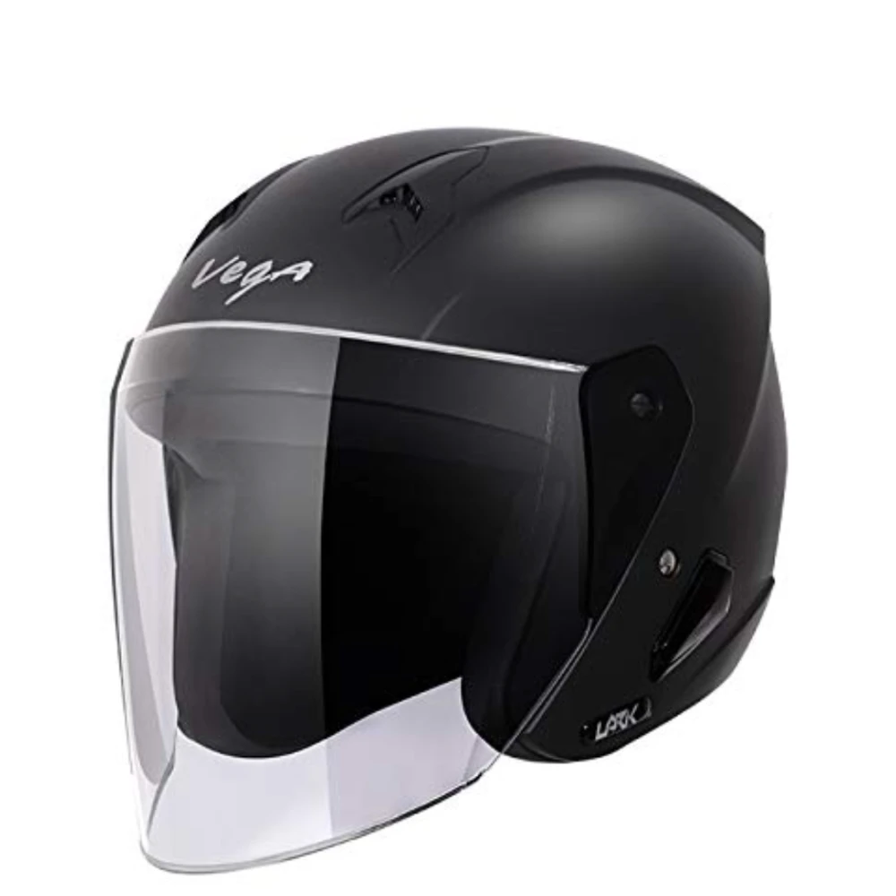Vega Lark ISI Certified Matt Finish Lightweight Open Face Helmet for Men and Women with Long Clear Visor(Dull Black, Size:L)