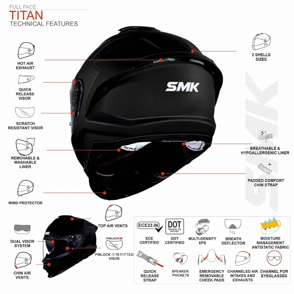 SMK Titan Fiber Full Face Helmet - GL200 - Glossy Black - ISI DOT ECE Certified (580 MM L)