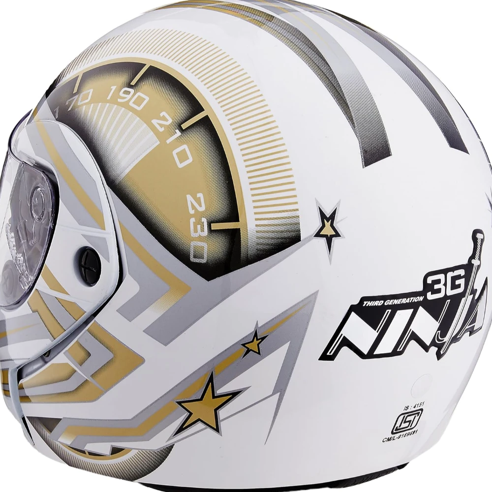 Studds Ninja 3G D1 Flip Up Full Face Helmet (White and Golden, XL)