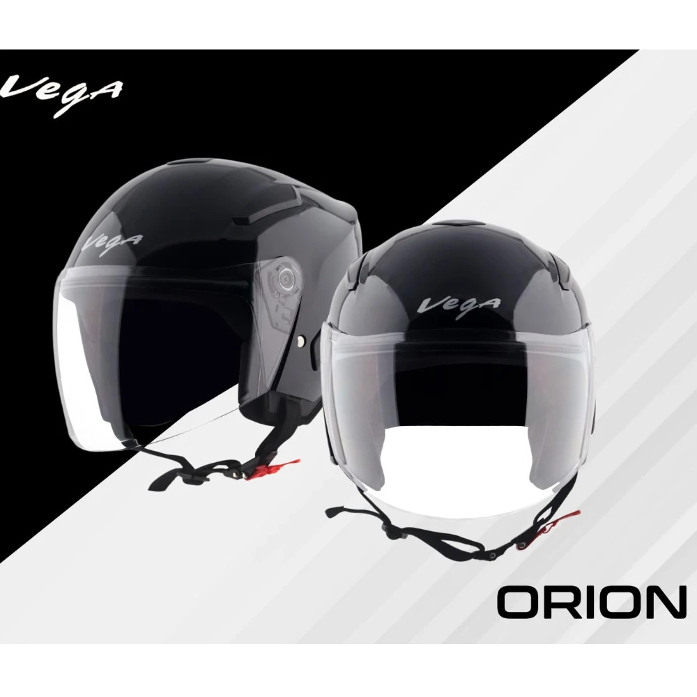 Vega Orion ISI Certified Gloss Finish Open Face Helmet for Men and Women with Clear Visor-Black-L