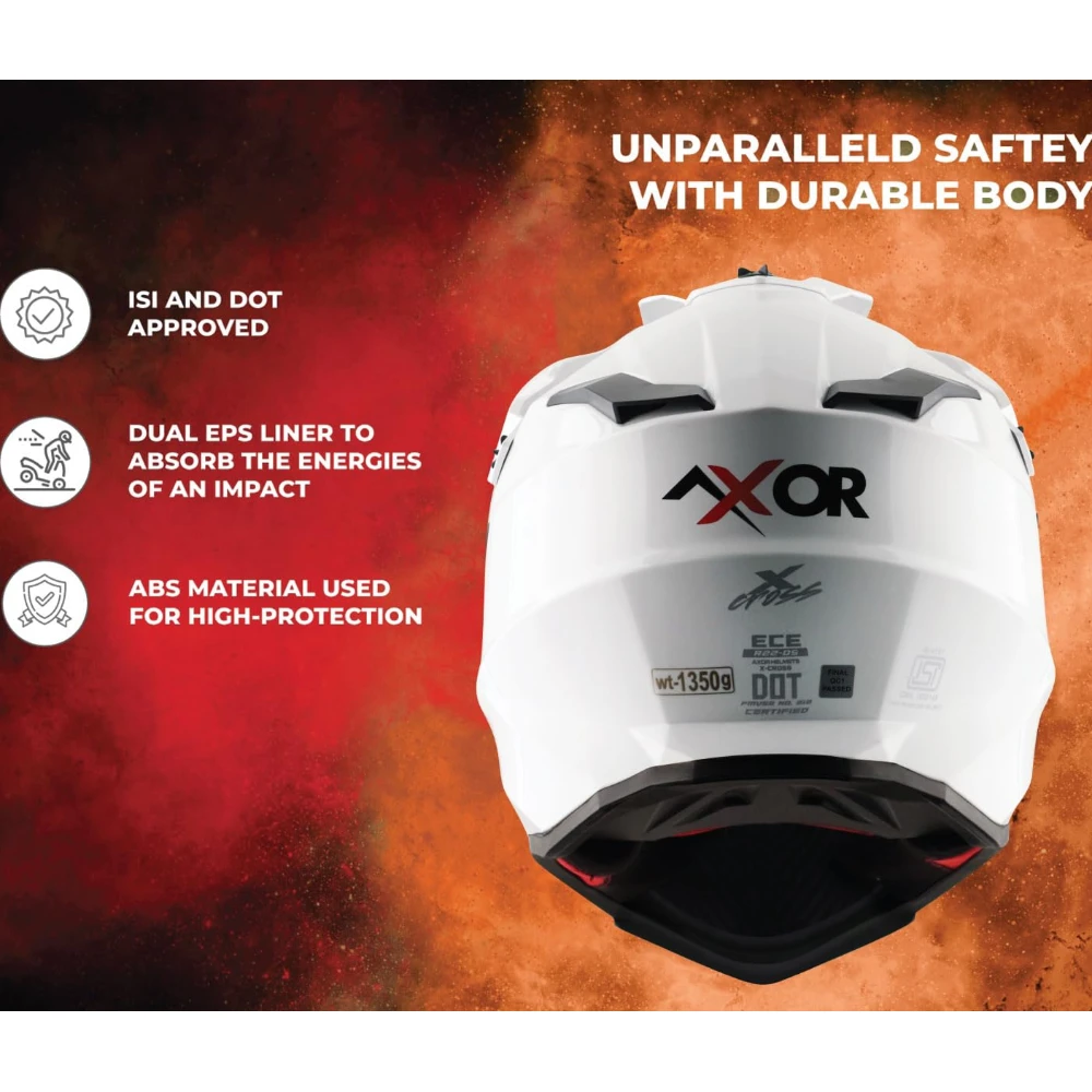 Axor X Cross ISI ECE DOT Certified Full Face Dual Sport Peak Off Road Helmet for Men and Women White Red M