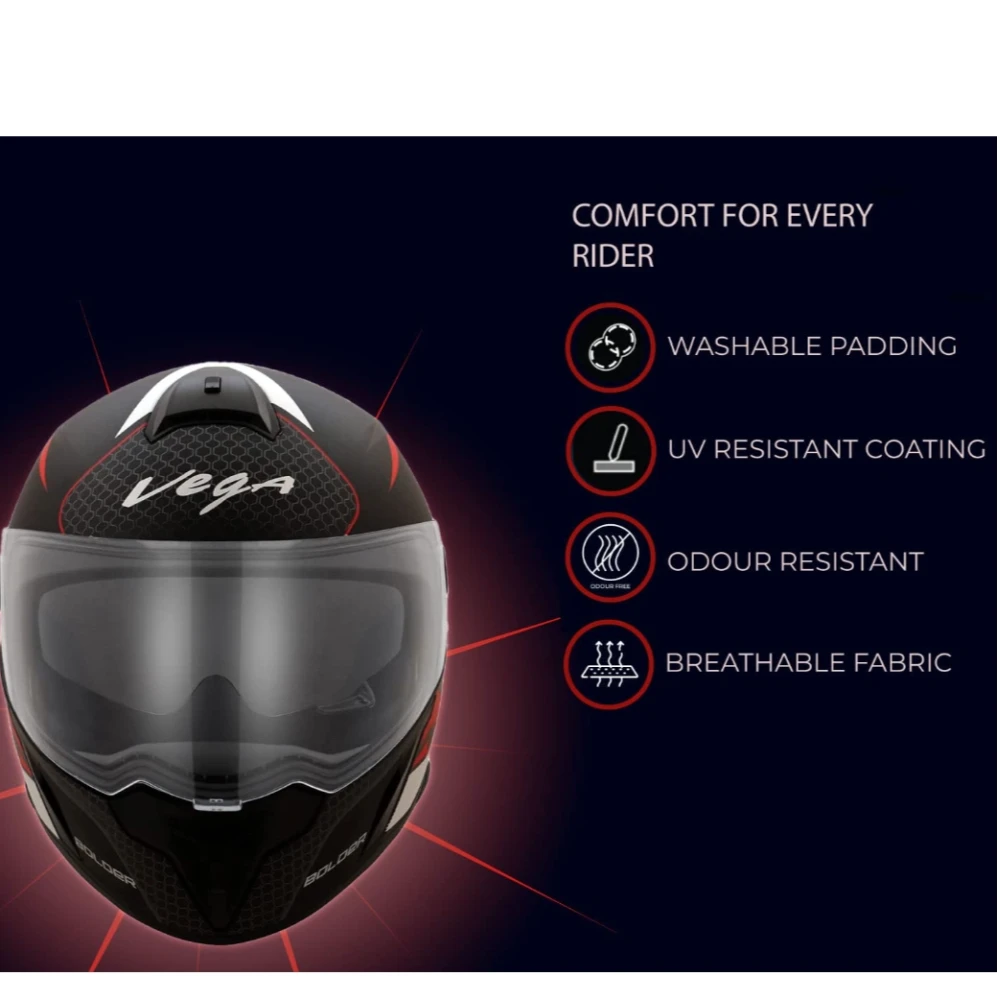 Vega Ryker Bolder ISI Certified Matt Finish Full Face Dual Visor Helmet for Men and Women Outer Clear Visor and Inner Smoke Sun Visor(Dull Black Red, Size:M)