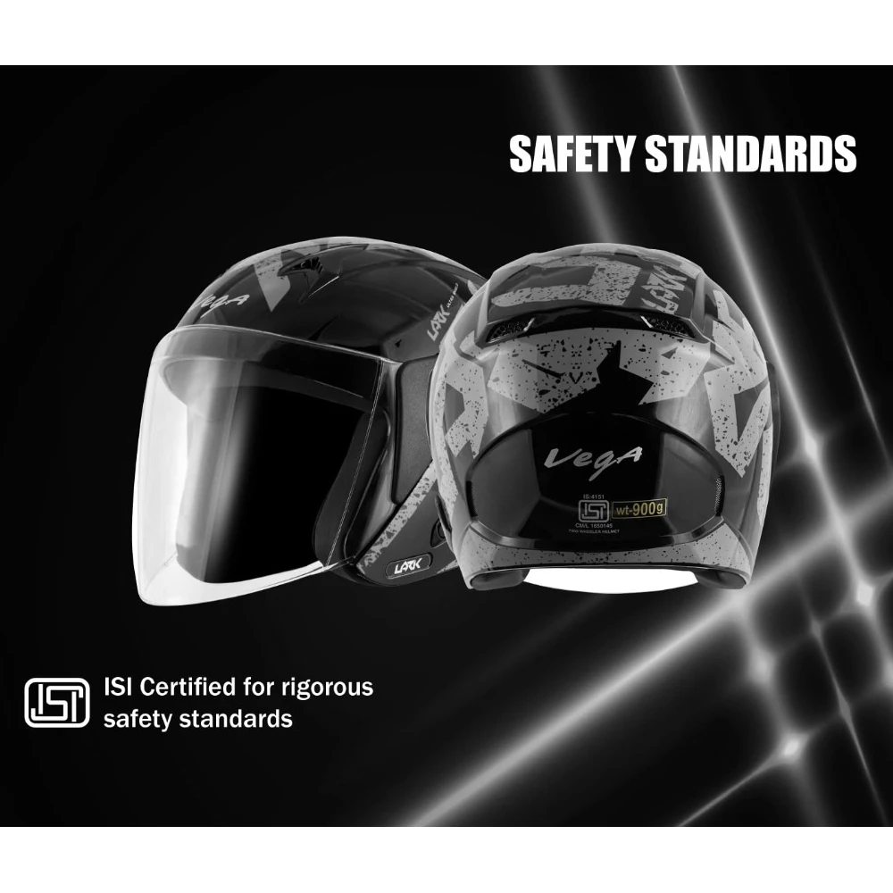 Vega Lark Victor ISI Certified Matt Finish Lightweight Open Face Helmet for Men and Women with Long Clear Visor(Dull Black Silver, Size:L)
