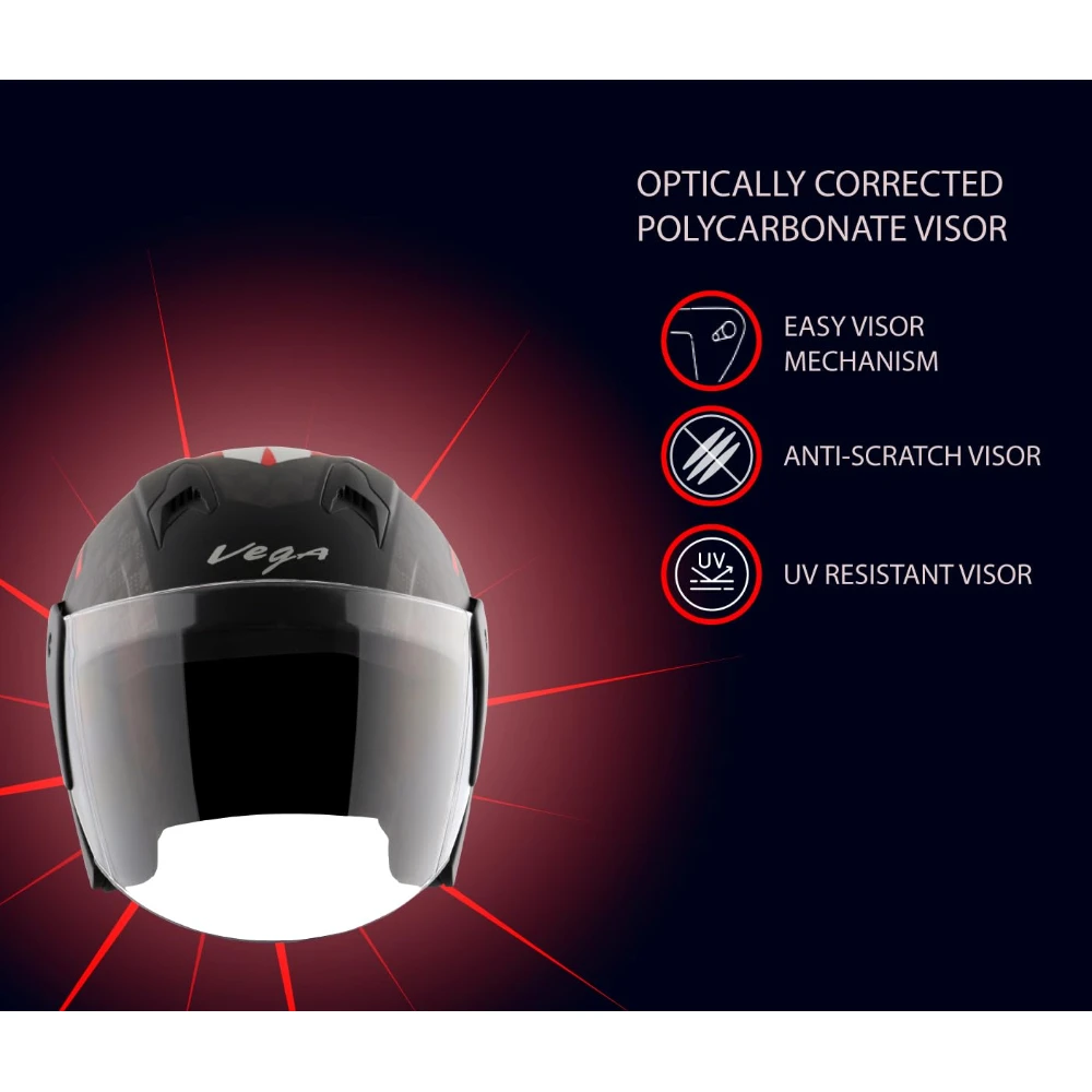 Vega Lark Twist Open Face Helmet Dull Black Red, Size: M(57-58 cm)