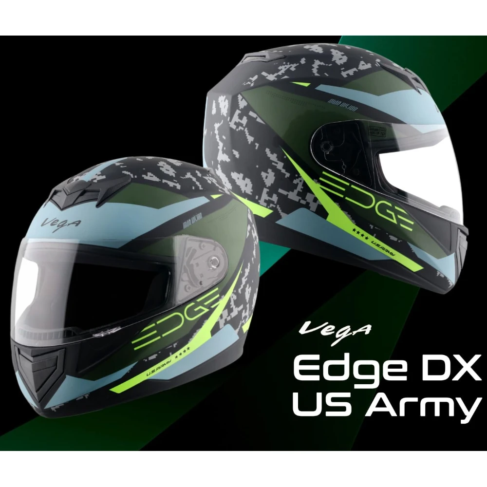 Vega Edge US Army ISI Certified Matte Finish Full Face Helmet for Men with Clear Visor -Dull Black Battle Green-M