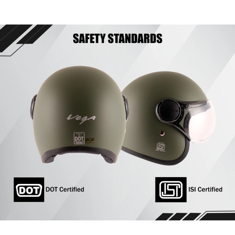 Vega Jet ISI DOT Certified Matt Finish Open Face Helmet for Men and Women with Clear Visor(Dull Army Green, Size:L)