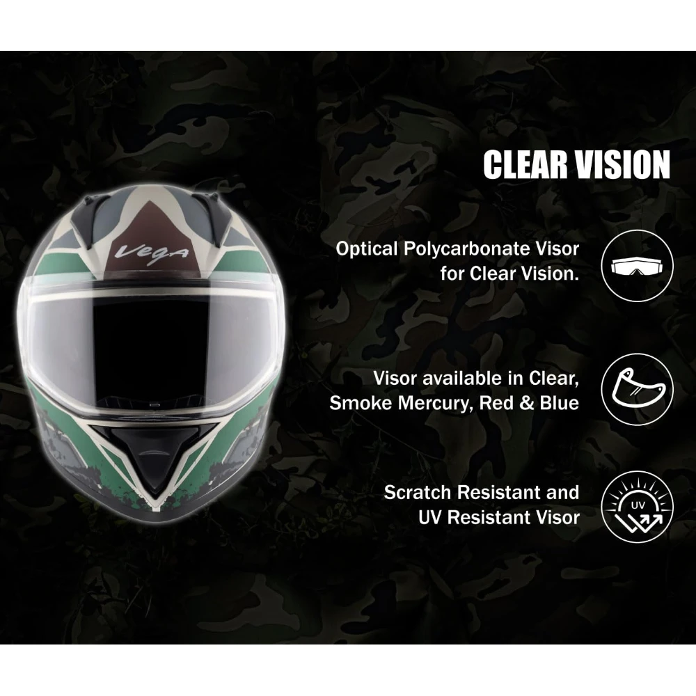 Vega Bolt Army ISI and DOT Certified Matte Finish Full Face Helmet for Men with Clear Visor-Dull Mud Battle Green-L