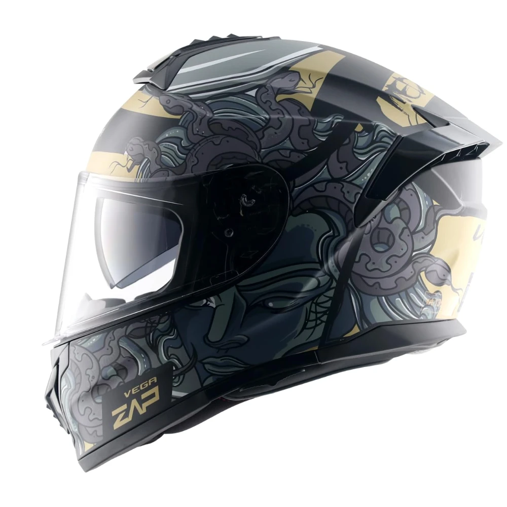 Vega Zap DV Medusa ISI and DOT Certified Matte Finish Full Face Dual Visor Helmet for Men with Spoiler-Dull Black Grey-M