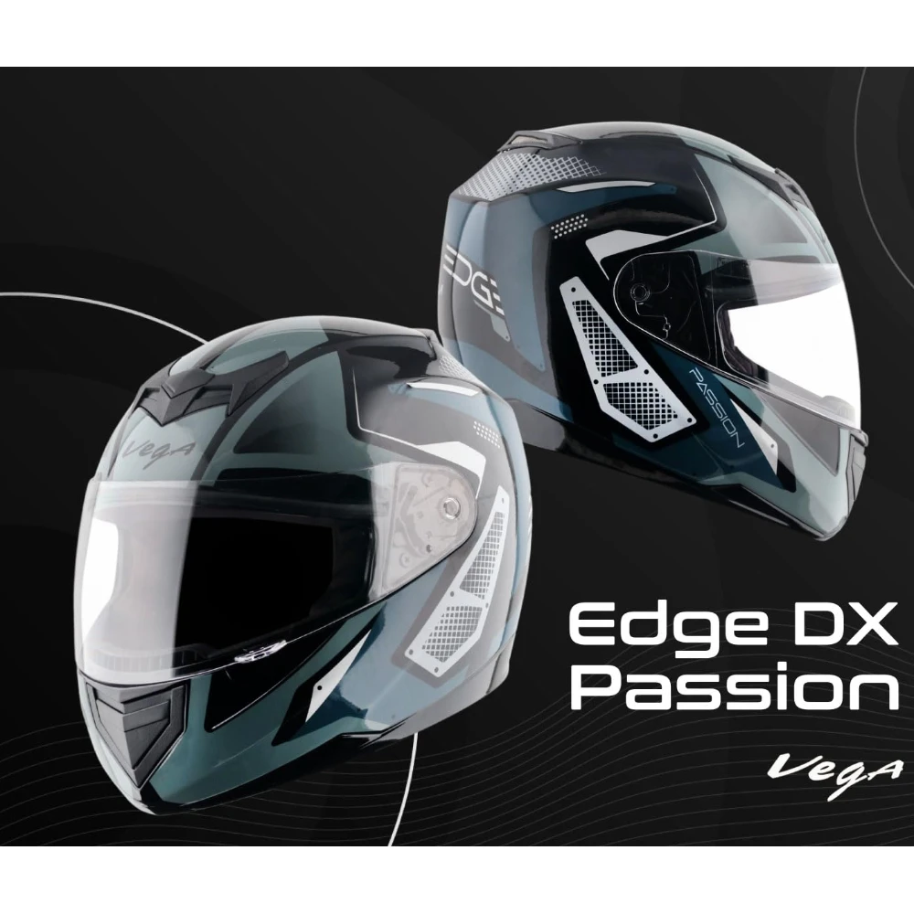Vega Edge Passion ISI Certified Gloss Finish Full Face Helmet for Men with Clear Visor -Black Grey-L