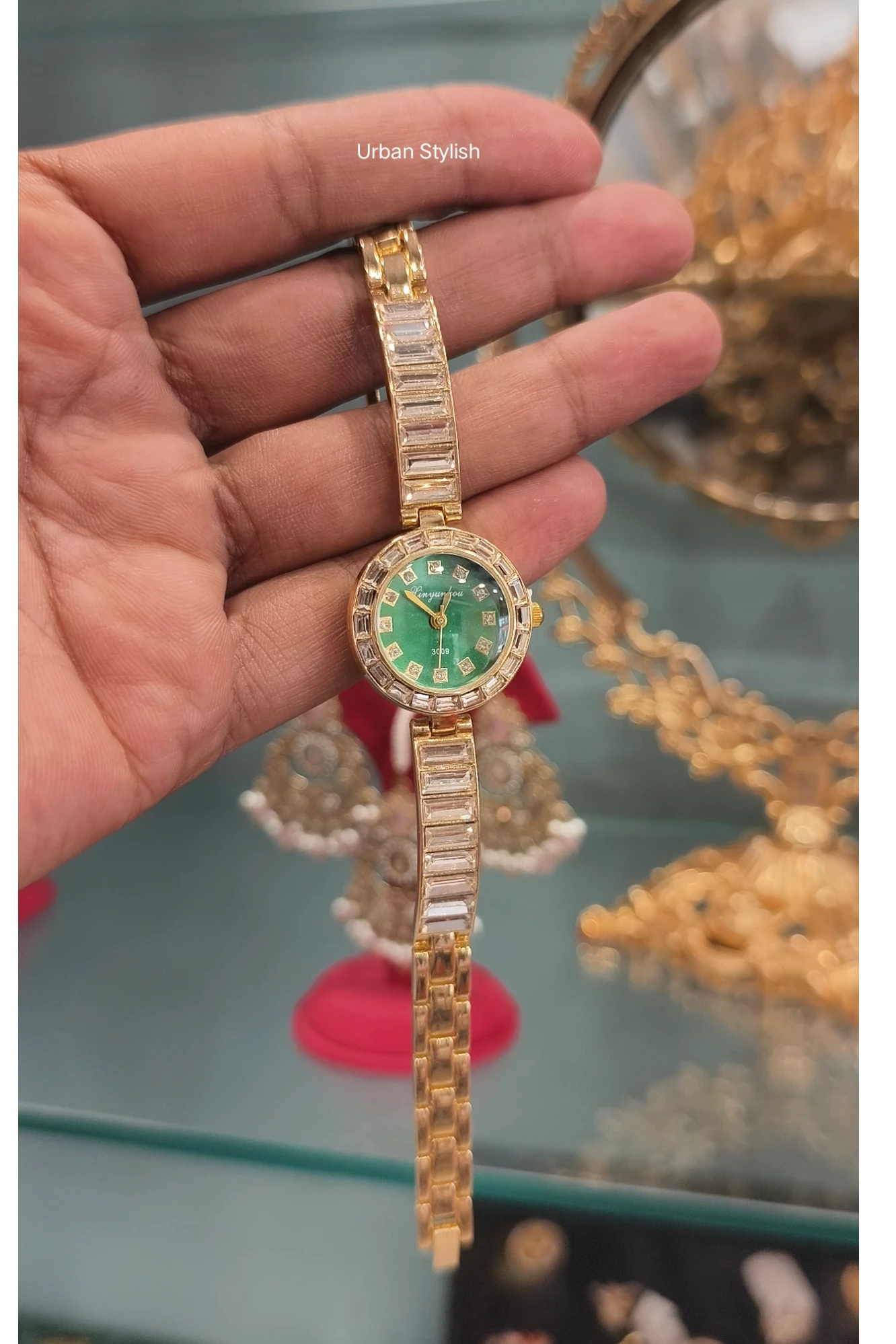 AFSANA GOLDEN GREEN FANCY WATCH (A16)