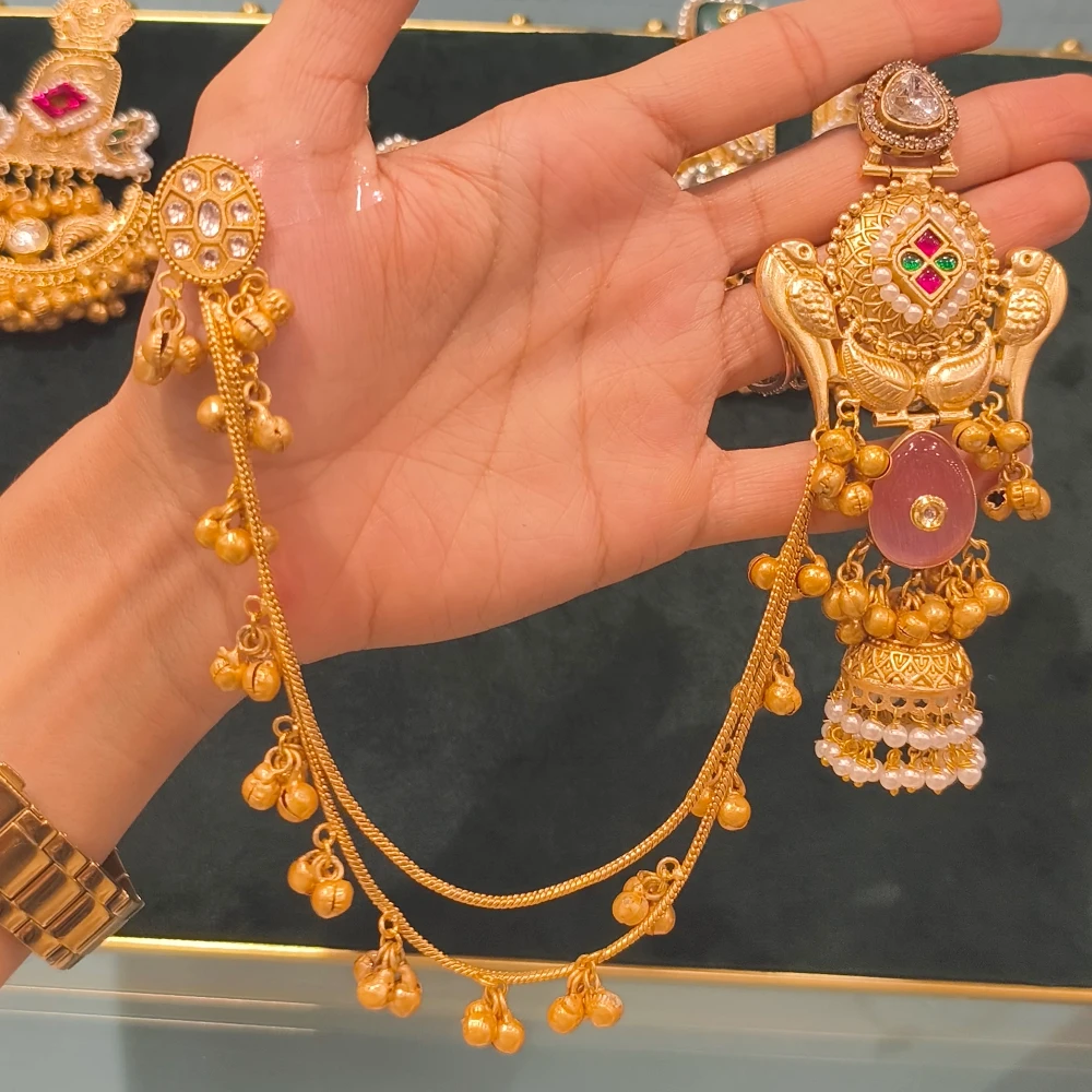 IMAN PACHI KUNDAN PINK GOLDEN REPLICA KASHMIRI EARRINGS