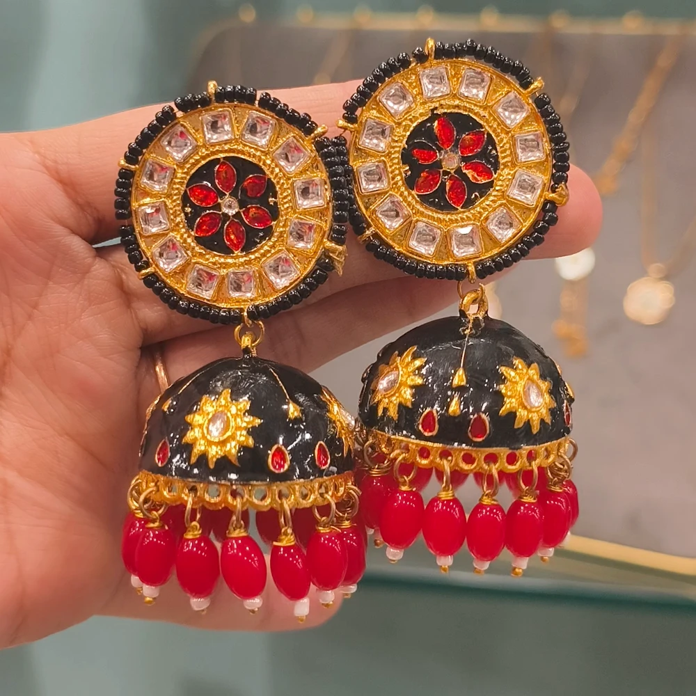 BLACK JHUMKI WITH RED PEARLS