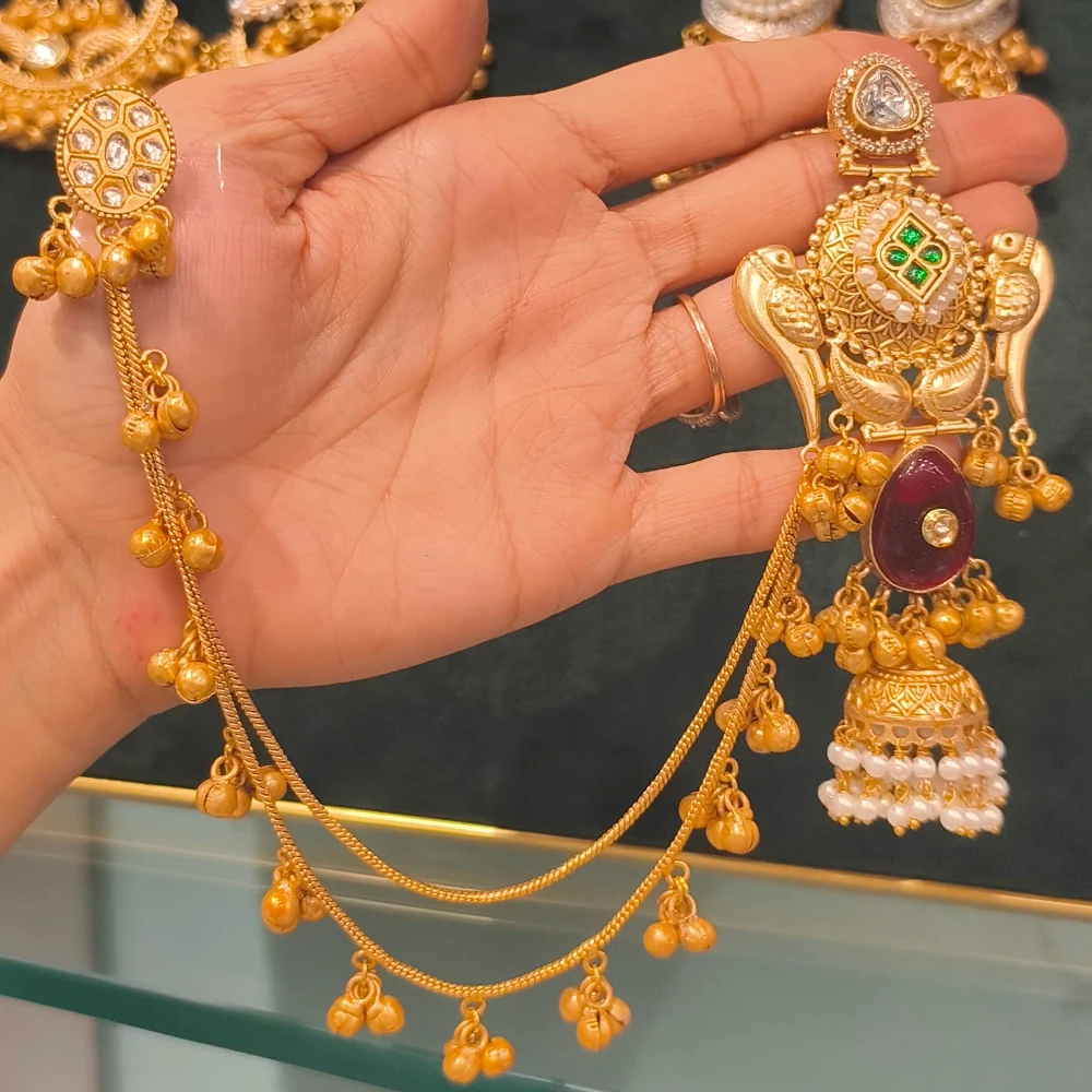 IMAN PACHI KUNDAN MEHROON GOLDEN REPLICA KASHMIRI EARRINGS