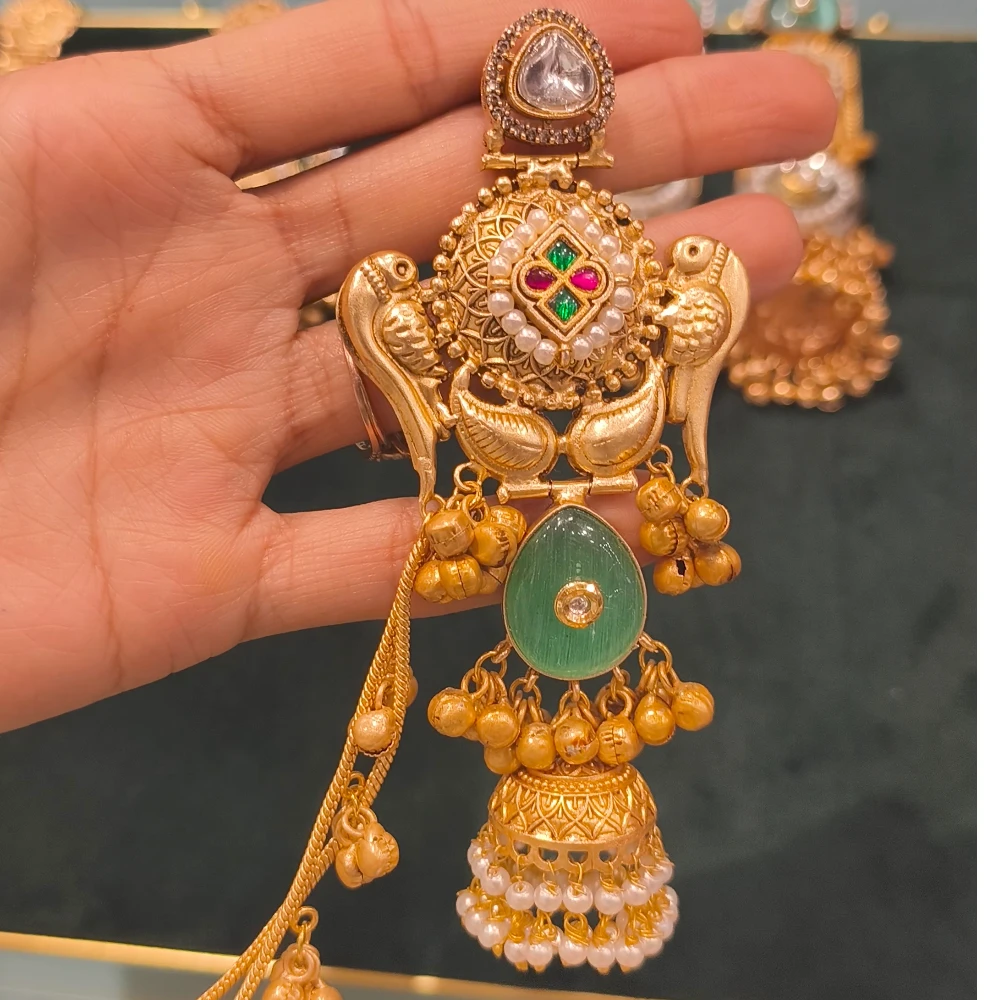 IMAN PACHI KUNDAN SEA GREEN KASHMIRI EARRINGS