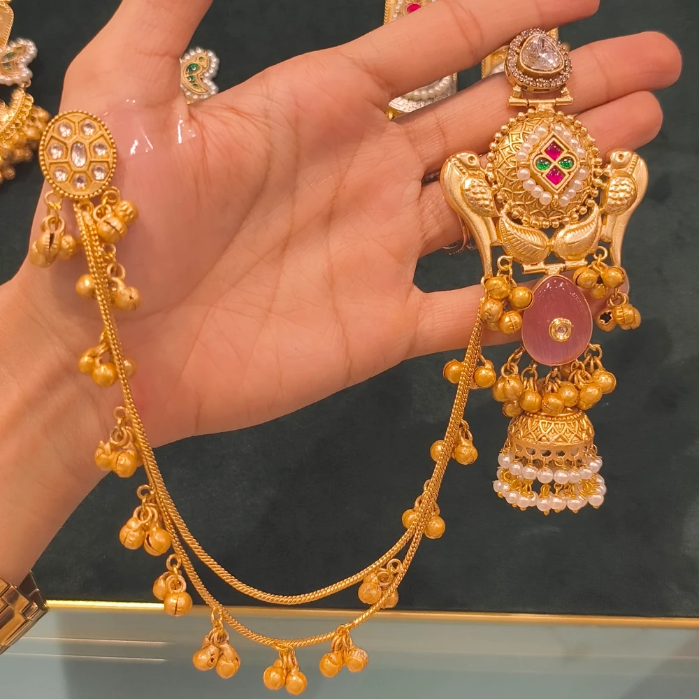 IMAN PACHI KUNDAN PINK GOLDEN REPLICA KASHMIRI EARRINGS