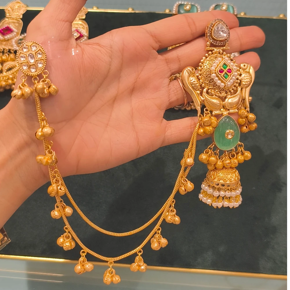 IMAN PACHI KUNDAN SEA GREEN KASHMIRI EARRINGS