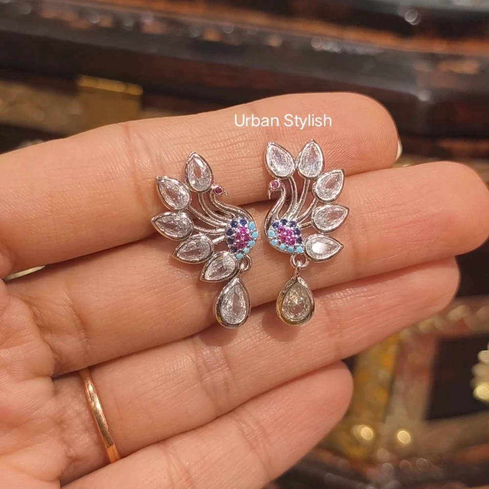 PEACOCK SILVER AMERICAN DIAMOND STUDS