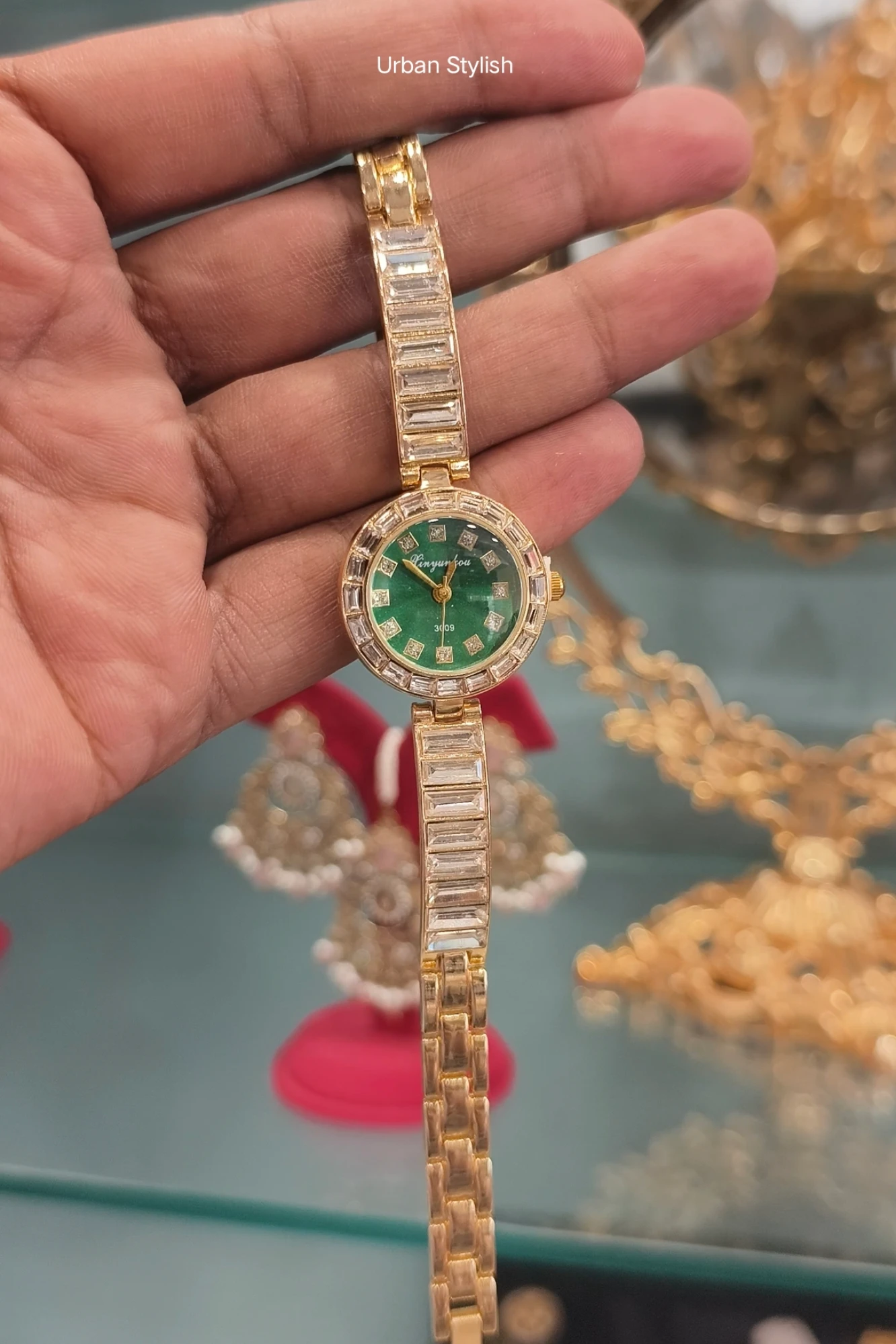 AFSANA GOLDEN GREEN FANCY WATCH (A16)