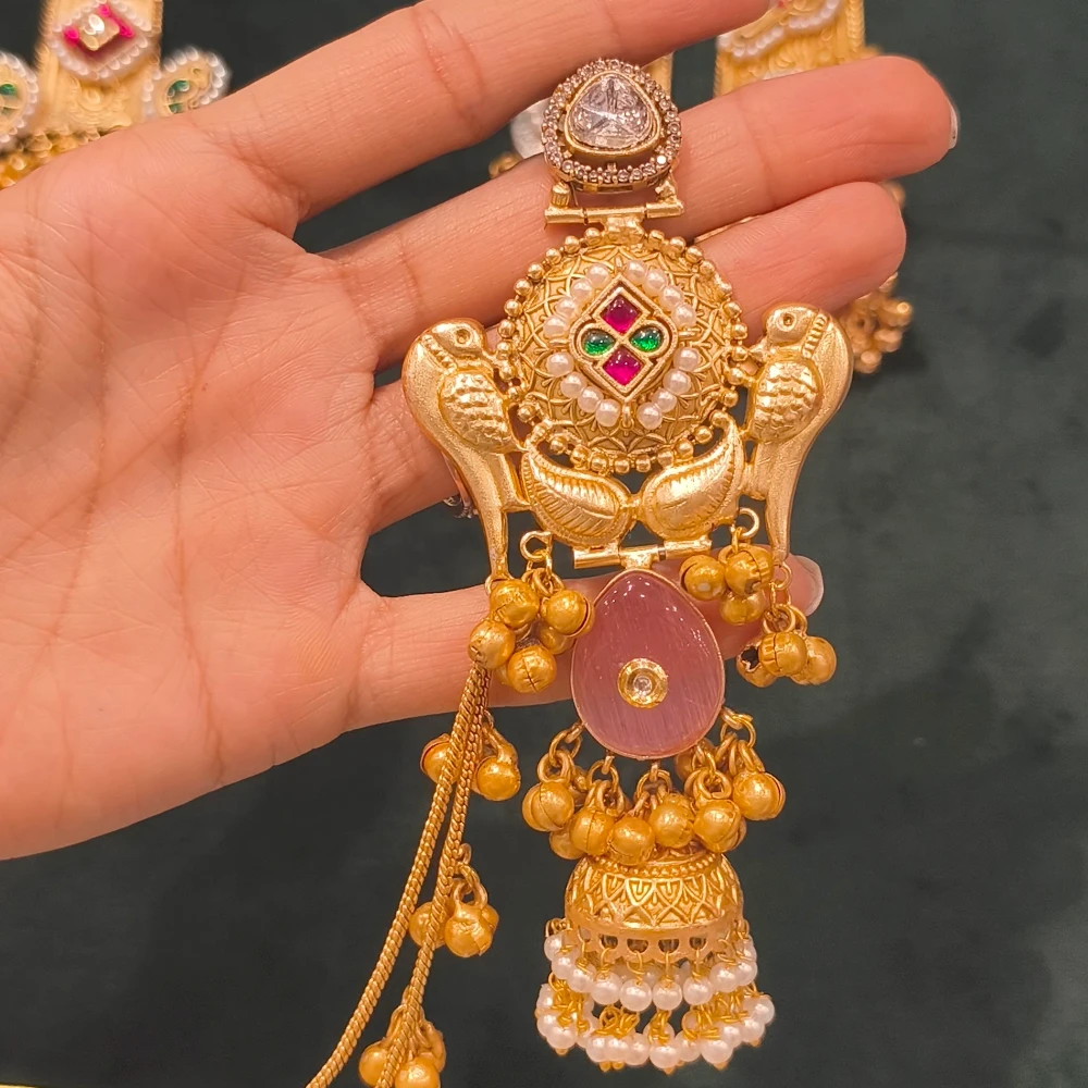 IMAN PACHI KUNDAN PINK GOLDEN REPLICA KASHMIRI EARRINGS