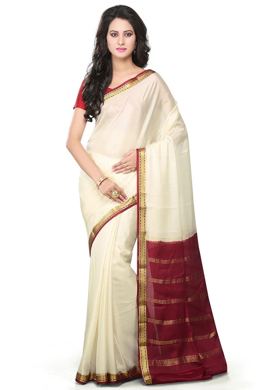 Tussar Cream with Marron Contrast Pure Mysore Silk Handwoven saree