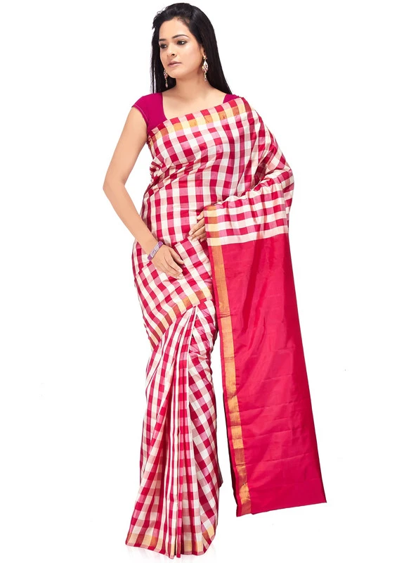 Pink with Checks Handwoven Pure Bangalore Silk Fancy Saree with Silk Mark