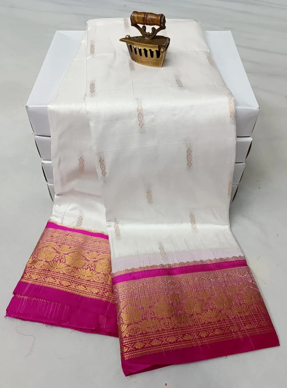 Milk White wih Rani Contrast Border traditional silk saree with zari border for festive and wedding occasions