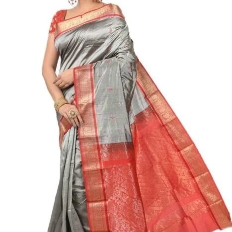 Traditional Arangetram Kanchipuram Pure Silk Saree in Mettalic Grey with Red Pink Contrast 