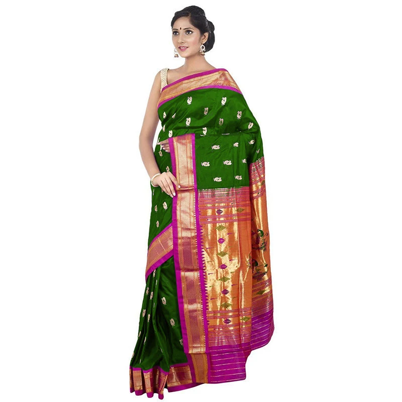 Paithani Pure Silk Leaf Green and Magenta Border Meena Butta Saree with Silk Mark
