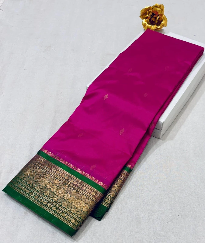 Rani Pink Kanchipuram pure silk saree with Green and Gold zari border, traditional Indian wedding saree