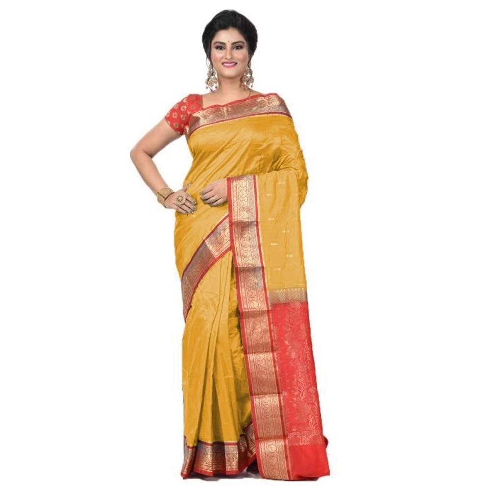 Golden Yellow With Red Contrast  Latest Design Kanchipuram Pure Silk Exclusive Saree